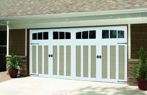 tan and white garage door