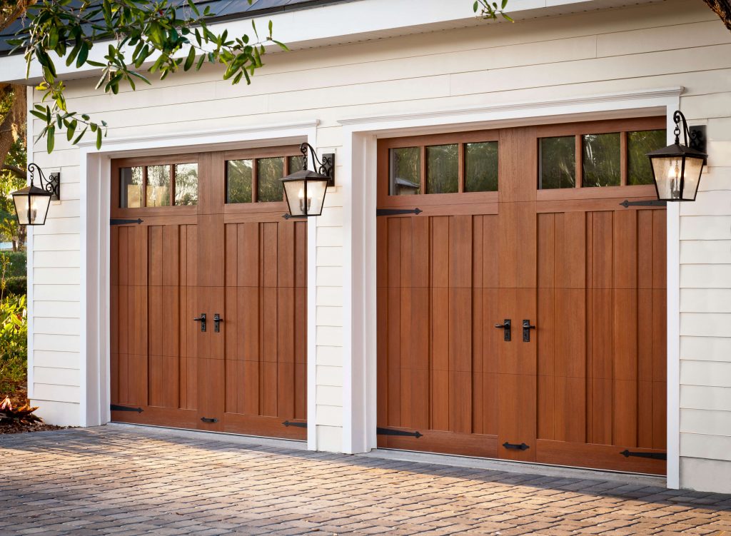 Wooden brown double garage doors